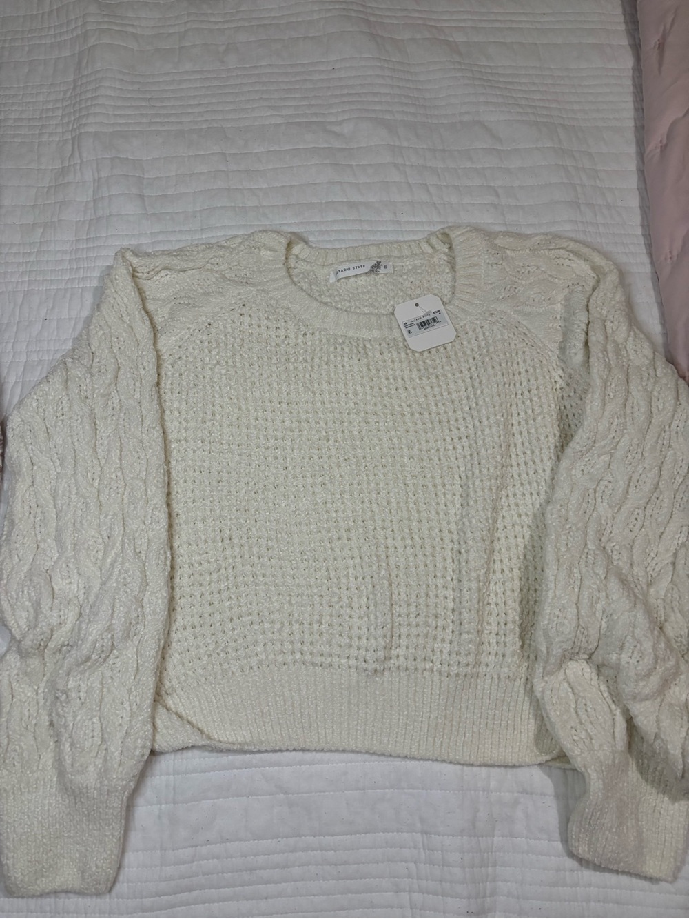 Altar'd State Cream Cable & Waffle Knit Crewneck Sweater